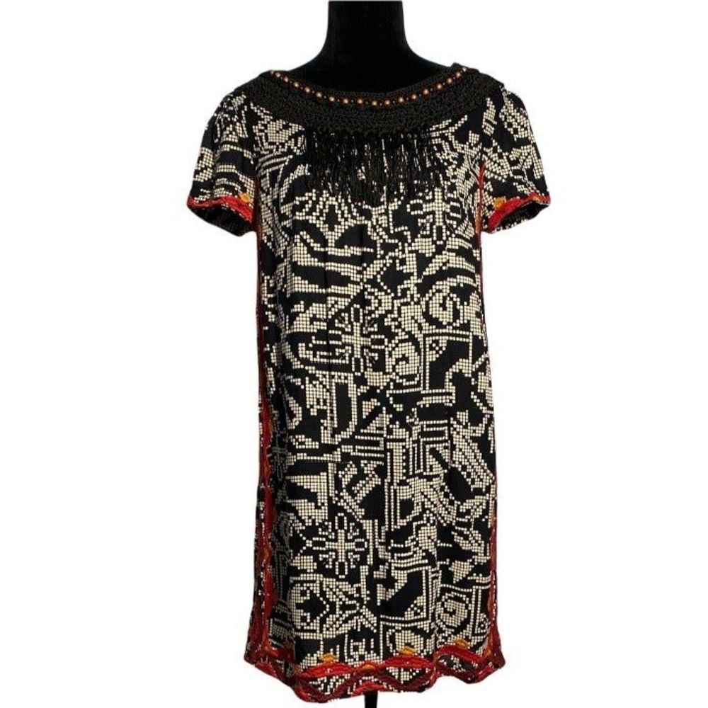 Anthropologie Floreat Dress S Black Crochet Bead Fringe Neckline Aztec Print